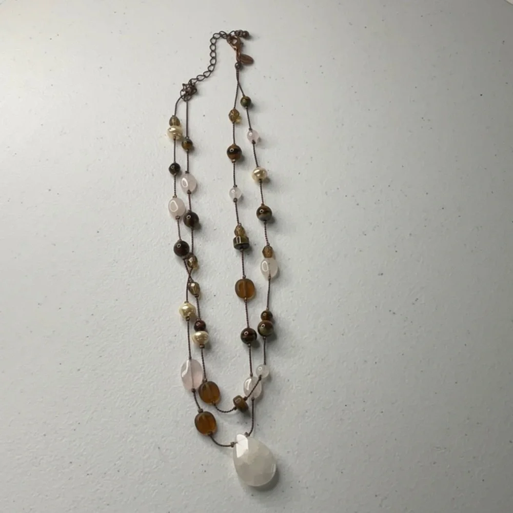 Lia Sophia Pink Quartz and Brown Multi-Strand Necklace